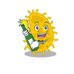 Mascot character design of bacteria spirilla say cheers with bottle of beer
