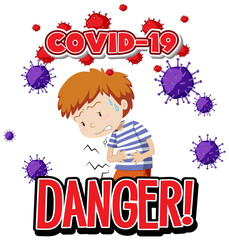 Font design for word covid-19 with sick boy and virus cell