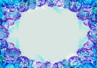 カラフルな水彩の背景素材　雲模様　空模様　青色　植物柄
