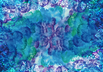 カラフルな水彩の背景素材　雲模様　空模様　青色　植物柄