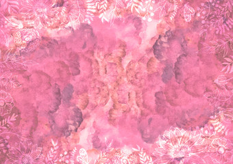 カラフルな水彩の背景素材　雲模様　空模様　花柄　植物柄　ピンク