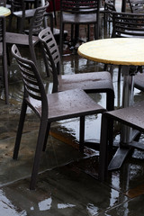 Deserted outdoor restaurant tables following the government closedown to fight the spread of the Coronavirus COVID 19 pandemic