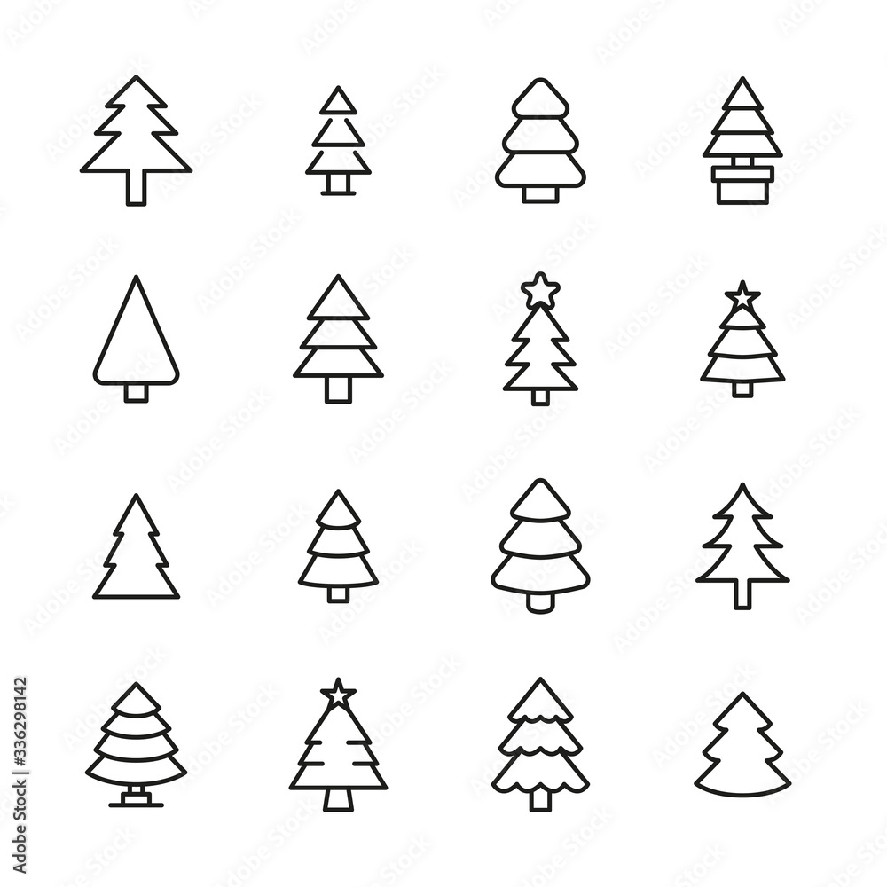 Sticker modern thin line icons set of christmas tree.