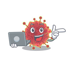 Cartoon character of coronaviridae clever student studying with a laptop