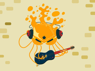 Illustration of orange octopus is playing guitar carefully.