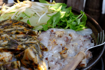 Homemade Vietnamese vegan food, steamed rice roll, stuffed pancake of rolled rice pancake, delicious dish for breakfast