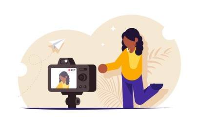 Fototapeta na wymiar Influencer concept. The process of shooting video content for a blogger or streamer. Record streaming video. Appeal of a popular person to his subscribers. Modern flat vector illustration.