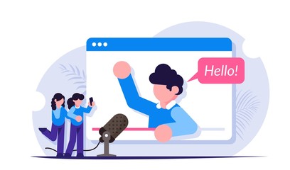 Streaming video blogger on the browser page. Subscribers watch a popular person or influencer. Modern flat vector illustration.