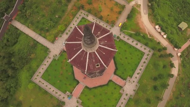 Aerial Circle Ascending Reveal Shot of Xa Loi stupa at Bai Dinh Temple Spiritual and Culture Complex in Ninh Binh Vietnam, the largest spiritual tourist place in Vietnam