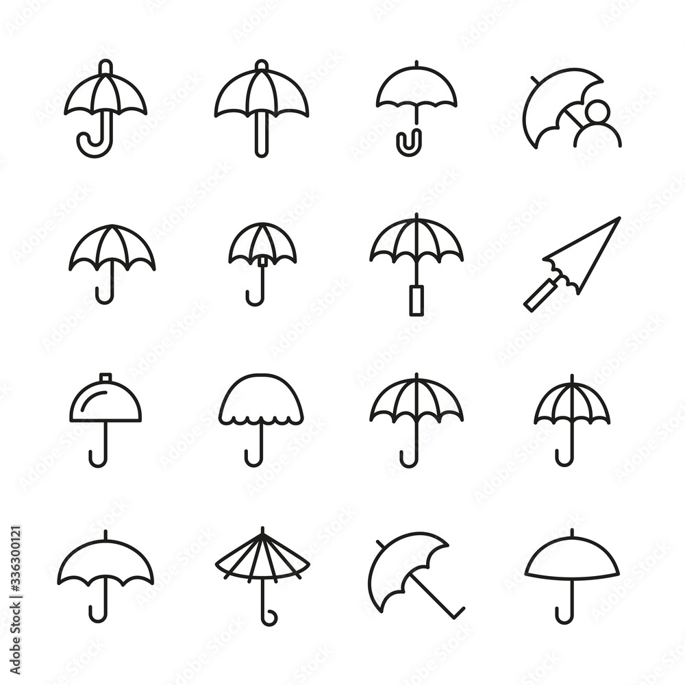 Wall mural set of umbrella related vector line icons.