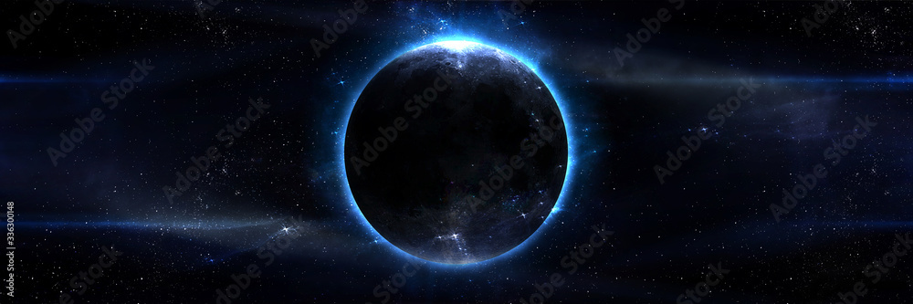 Wall mural abstract space illustration, 3d image, moon in space in the radiance of stars, eclipse