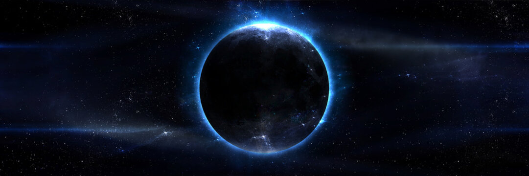 abstract space illustration, 3d image, moon in space in the radiance of stars, eclipse