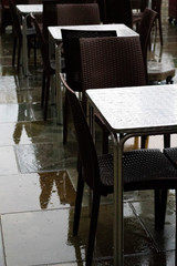Deserted outdoor restaurant tables following the government closedown to fight the spread of the Coronavirus COVID 19 pandemic