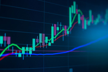 Blue Stock Exchange Market trading graph on screen monitor for economic and financial investment. Business analysis chart display. Stock invest infomation.