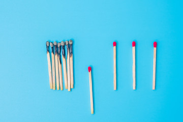 burnt out match sticks and gap distance showing preventative containing coronavirus pandemic with copy space for text. Stay at home, Quarantines and Social Distancing concept