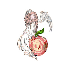 Cute happy angel sitting on apple. Character of woman with wings from Bible. Spiritual human. Symbol of religion. Ascension Jesus. 