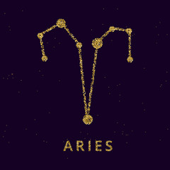 Obraz na płótnie Canvas Aries zodiac horoscope sign, astrology simbol in golden shiny glittered style on black sky background.