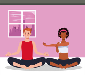Fototapeta premium interracial couple practicing yoga in the house