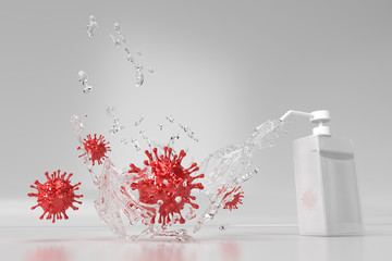 ウイルスとアルコール消毒・殺菌の3Dレンダリンググラフィックス / Concept image of infectious disease control and alcohol disinfection.