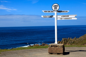 Land's End area (England), UK - August 16, 2015: Sign in The Land's End area, Cornwall, England,...