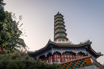 Fototapeta na wymiar A Chinese temple tower at Fragrant Hills park in Beijing, China