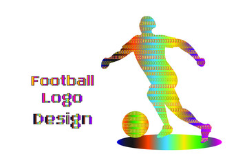 Football logo design. Soccer player kick the goal. Technology and Sports Science. Colorful paint drops ink splashes, Icon, Exercise, Symbol, Silhouette. Vector illustration.