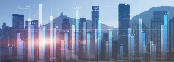 Fototapeta na wymiar Financial graph diagram trading investment business intelligence concept website panoramic header double exposure modern city view.