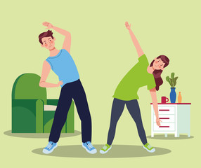 couple practicing exercise in the house