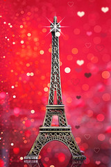 Fototapeta na wymiar eiffel tower souvenir with red bokeh shine background and lights