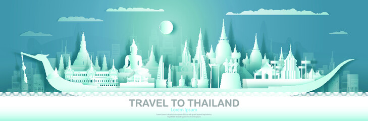 Travel Thailand top world famous palace and castle architecture. Tour popular landmark of Ayutthaya and Chiang Mai by Suphannahong boat symbol of Thai. Modern business brochure design for advertising.