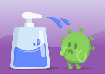 Green virus character scared of spraying wash gel. Fight coronavirus with health care. Quarantine, COVID-19 world outbreak. Funny colorful flat vector illustration, horizontal.