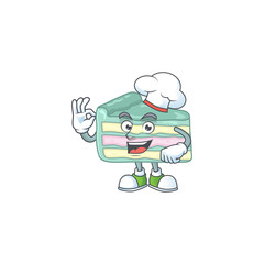 Vanilla slice cake cartoon design style proudly wearing white chef hat