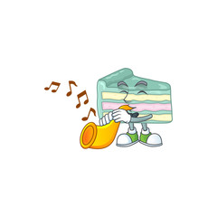 A brilliant musician of vanilla slice cake cartoon character playing a trumpet
