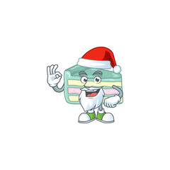 Friendly vanilla slice cake Santa cartoon character design with ok finger