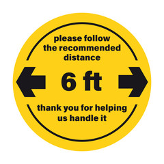 Vector yellow circle sticker keep a distance of 6 ft. Isolated on white background.