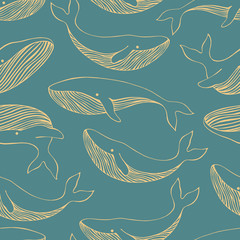 Seamless pattern with whales. Can be used for wallpaper, web page background, surface textures. - 336308780