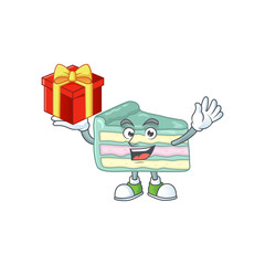 Charming vanilla slice cake mascot design has a red box of gift