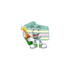 Mascot cartoon design of vanilla slice cake making toast with a bottle of beer