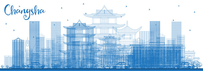 Obraz na płótnie Canvas Outline Changsha China City Skyline with Blue Buildings.