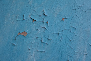 blue paint on the wall. gray concrete wall painted. old paint is peeling and peeling off.
