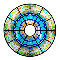 Decorative glass window mandala on the ceiling of Watugong Buddhist Temple in Semarang, Central Java, Indonesia; isolated on white background.