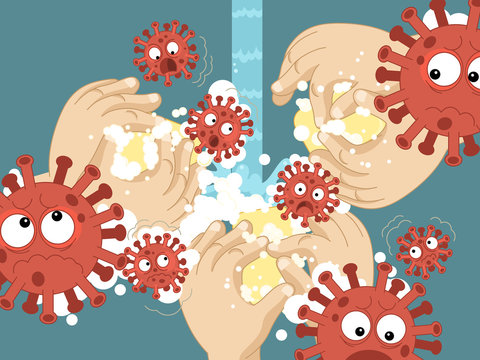 cartoon scene with corona virus and prevention - illustration for kids