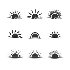 Silhouette sunset or sunrise logo vector on white background. Sun design for weather, summer, spring.