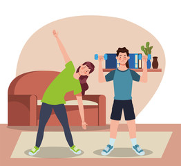 couple practicing exercise in the house