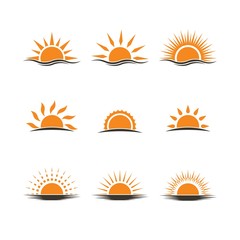 Silhouette sunset or sunrise logo vector on white background. Sun design for weather, summer, spring.