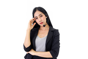 Fototapeta premium Asia call center workers or Confident business with headset,Customer support standing on white background.