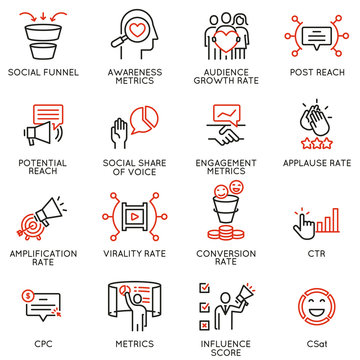 Vector set of linear icons related to influence marketing and social media promotion services. Mono line pictograms and infographics design elements - part 8