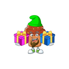 A smiling chocolate cupcake cartoon design having Christmas gifts