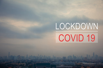 Dark dramatic skyline aerial view of the city of Bangkok Thailand, Covid-19 lockdown concept