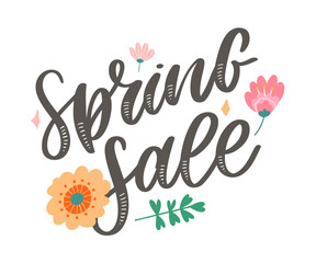 Spring Sale Word Hanging on Leaves with Strings. Vector Illustration flowers